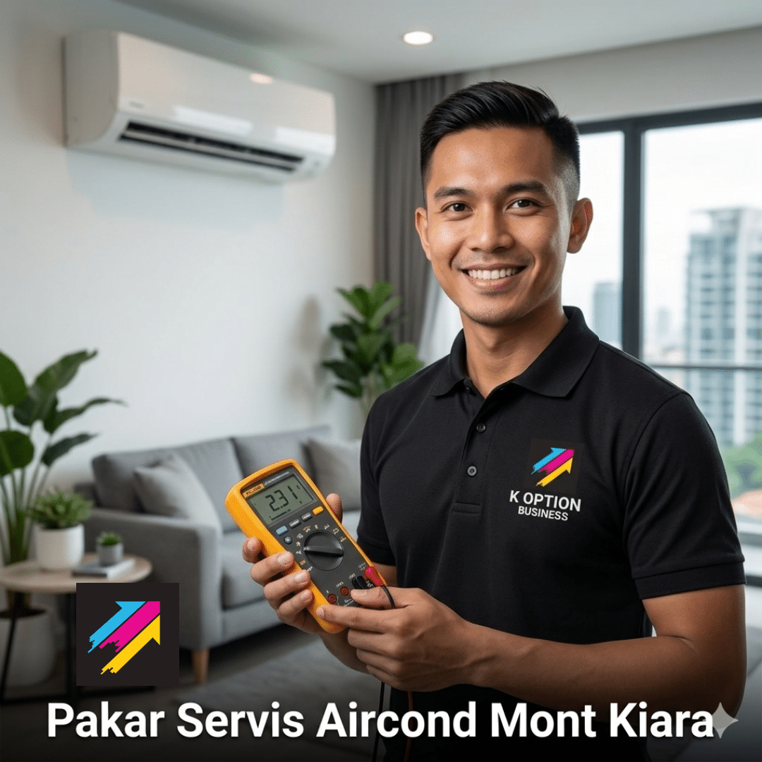 Pakar service aircond Mont Kiara dari K Option sedang memeriksa bacaan gas dan elektrik pendingin hawa.
