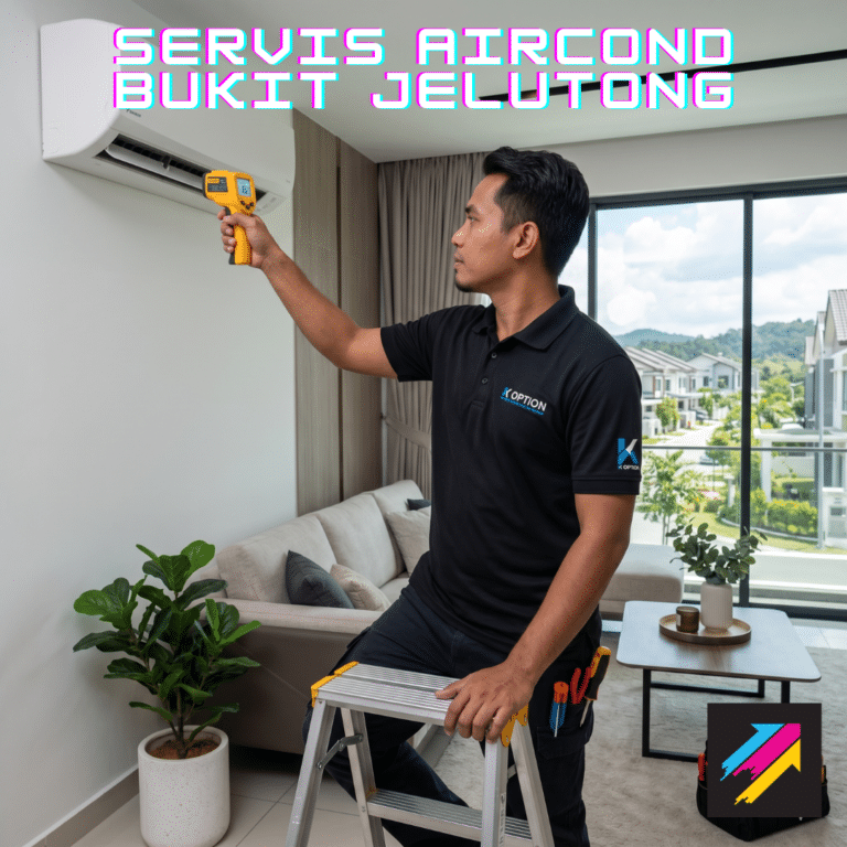 Juruteknik K Option sedang periksa suhu selepas servis aircond Bukit Jelutong.