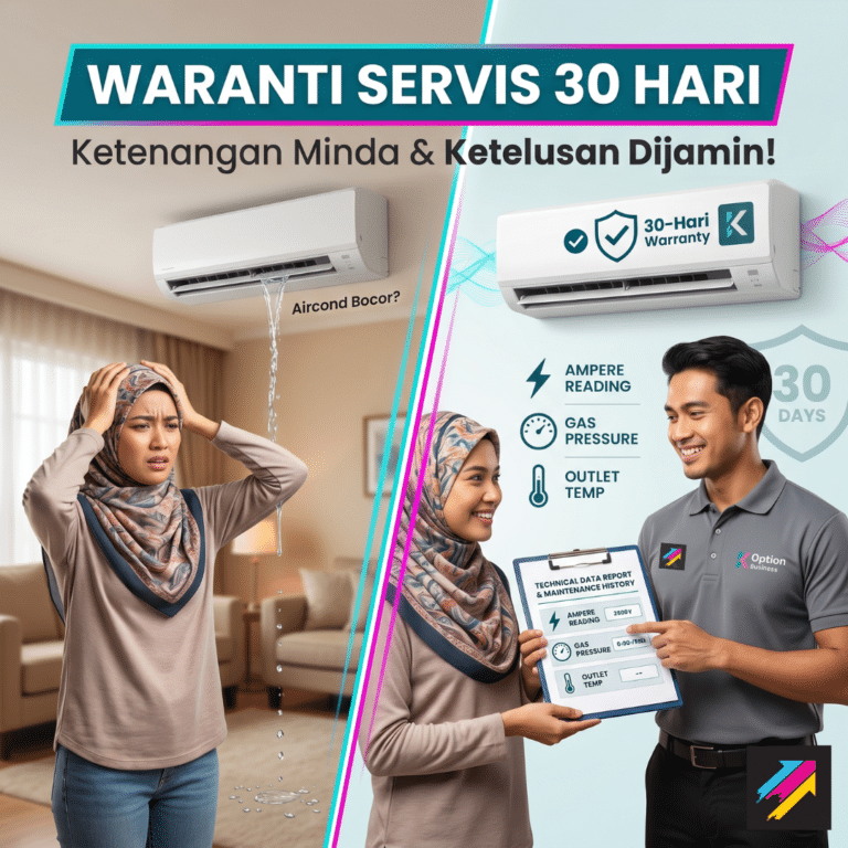 K Option technician explaining the 30-day aircond service warranty and maintenance records to a customer.