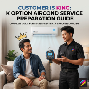 Aircond Service KL & Selangor 16 A K Option technician performing professional aircond service and showing technical reading data to a happy customer in Selangor.