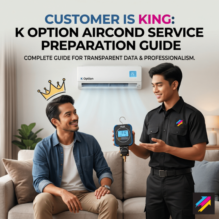 A K Option technician performing professional aircond service and showing technical reading data to a happy customer in Selangor.