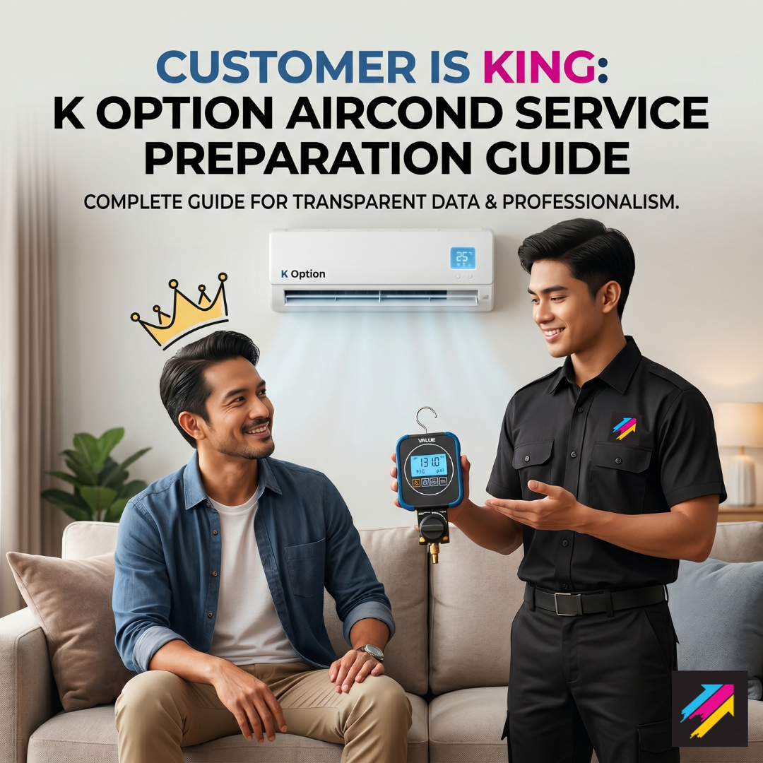 A K Option technician performing professional aircond service and showing technical reading data to a happy customer in Selangor.