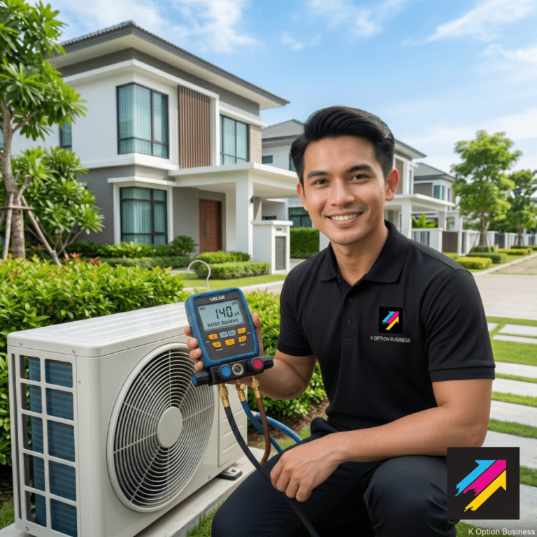 Professional K Option technician doing thorough aircond service and chemical cleaning in an Eco Grandeur Puncak Alam home.