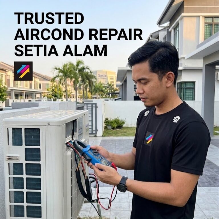 Professional KOB technician doing aircond repair Setia Alam using diagnostic tools.