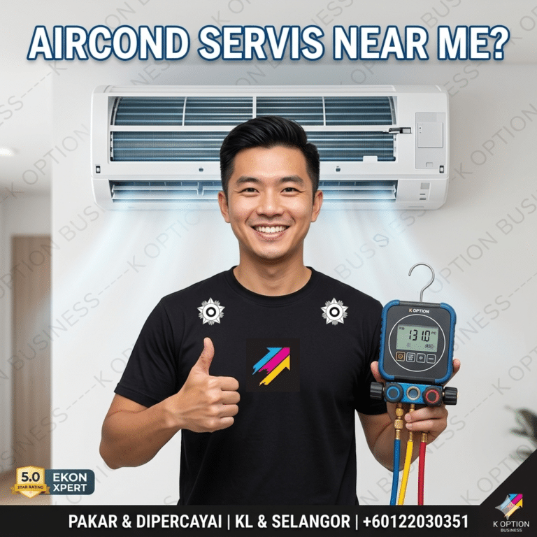 K Option expert technician performing aircond servis near me in Kuala Lumpur and Selangor.