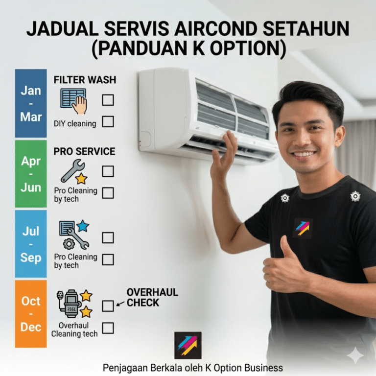 Infografik jadual servis aircond setahun oleh pakar K Option.
