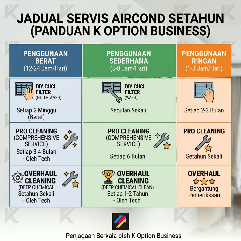 Jadual Servis Aircond Setahun: Panduan Tepat Ikut Tahap Penggunaan (Mesti Baca!) 2 Infografik jadual servis aircond setahun oleh pakar K Option.