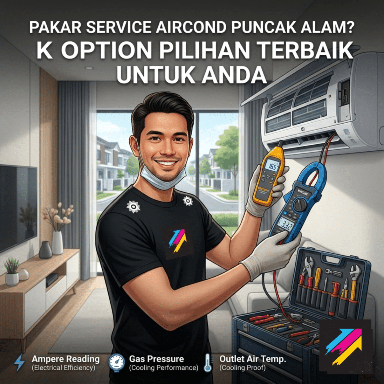 Juruteknik K Option sedang melakukan kerja service aircond Puncak Alam di rumah pelanggan.