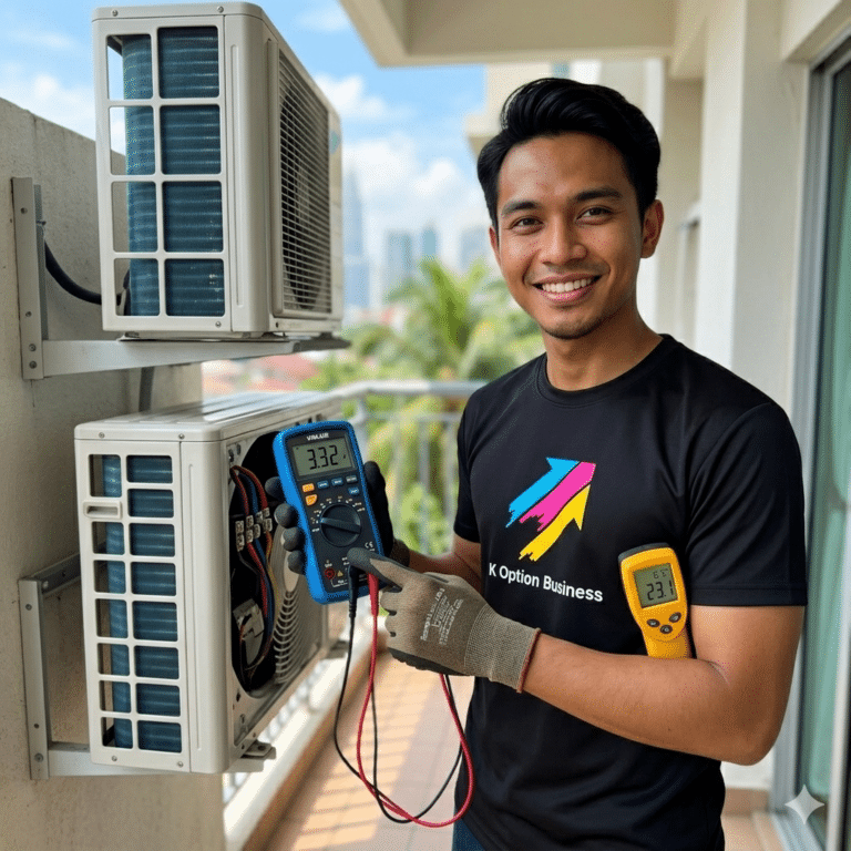 Juruteknik K Option sedang melakukan servis chemical aircond dan mengambil bacaan teknikal.