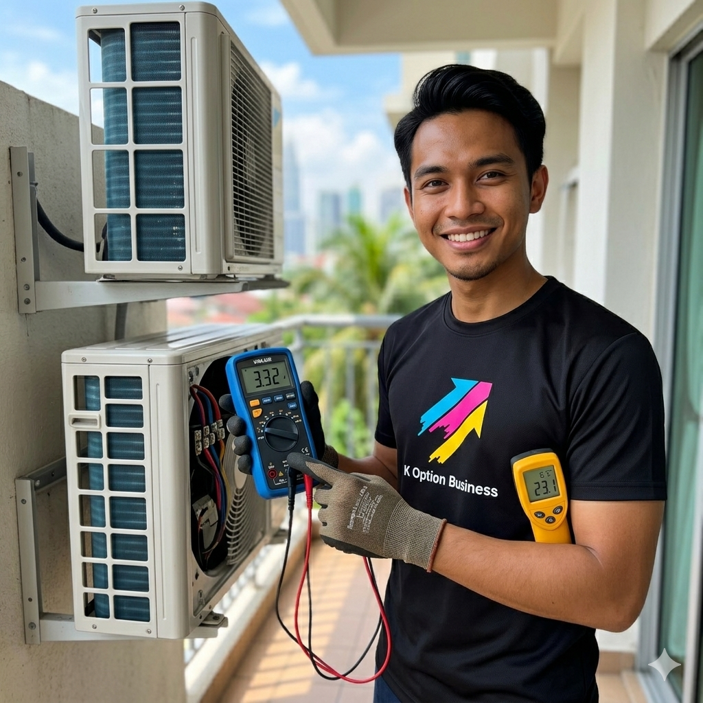 Juruteknik K Option sedang melakukan servis chemical aircond dan mengambil bacaan teknikal.