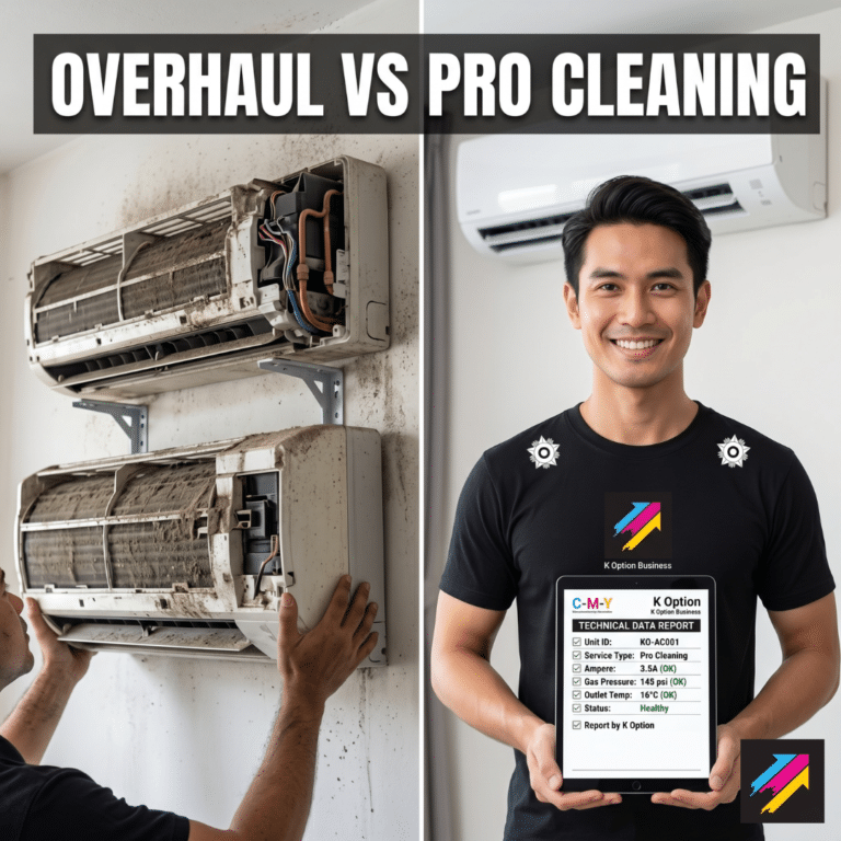Juruteknik K Option sedang melakukan servis overhaul aircond dan memeriksa bacaan gas.