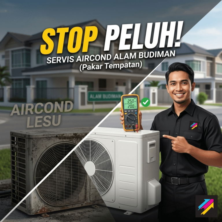 Professional technician performing Servis Aircond Alam Budiman with technical data report.